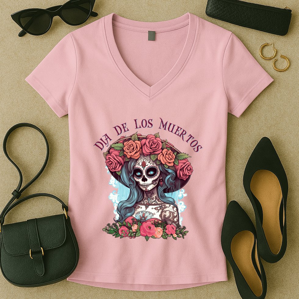 Dia De Los Muertos Floral Woman Women's V-Neck T-Shirt