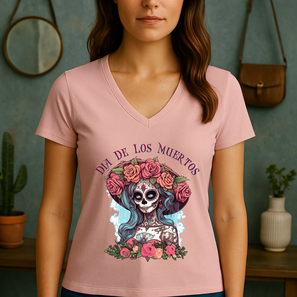 Dia De Los Muertos Floral Woman Women's V-Neck T-Shirt