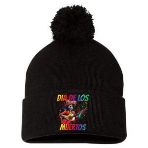 Dia De Los Muertos Skeleton Play Guitar Day Of The Dead Gift Pom Pom 12in Knit Beanie