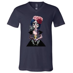 DíA De Los Muertos La Catrina Day Of The Dead Sugar Skull V-Neck T-Shirt