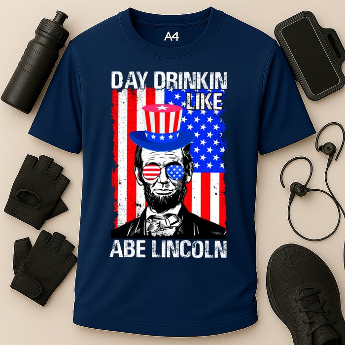Day Drinkin Like Abe Lincoln USA Flag Merica Funny 4th Of July Cooling Performance Crew T-Shirt