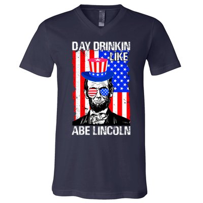 Day Drinkin Like Abe Lincoln USA Flag Merica Funny 4th Of July V-Neck T-Shirt