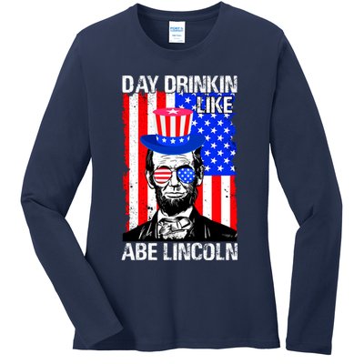 Day Drinkin Like Abe Lincoln USA Flag Merica Funny 4th Of July Ladies Long Sleeve Shirt