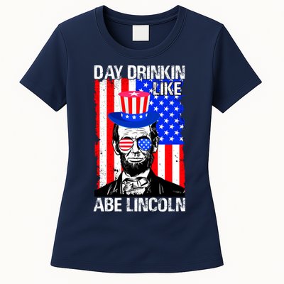Day Drinkin Like Abe Lincoln USA Flag Merica Funny 4th Of July Womens T-Shirt