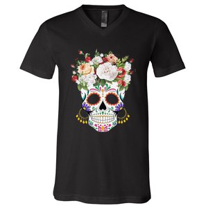 Dia De Los Muertos Day Of Dead Sugar Skull Costume Halloween V-Neck T-Shirt