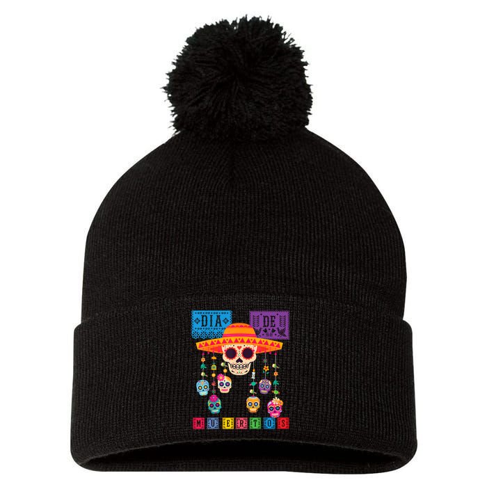 Dia De Los Muertos Day Of The Dead Sugar Skull Halloween Pom Pom 12in Knit Beanie