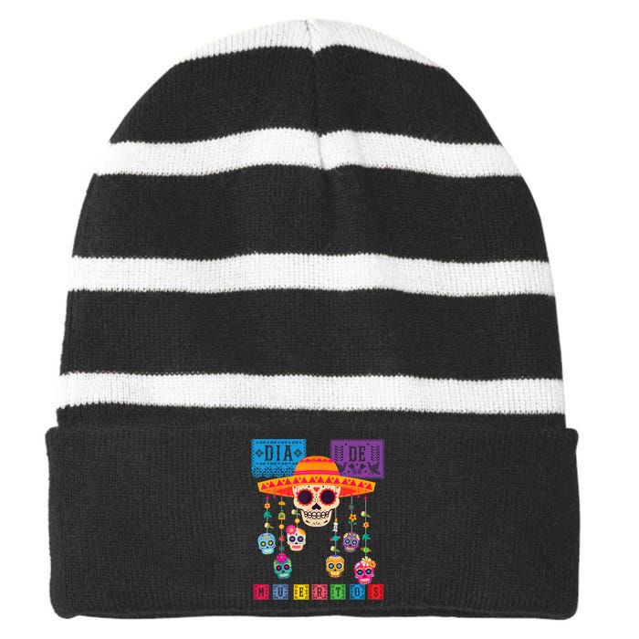 Dia De Los Muertos Day Of The Dead Sugar Skull Halloween Striped Beanie with Solid Band