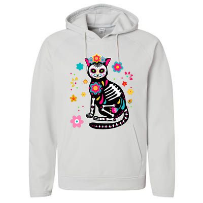 Dia De Los Muertos Cat Mexican Sugar Skull Day Of Dead Performance Fleece Hoodie