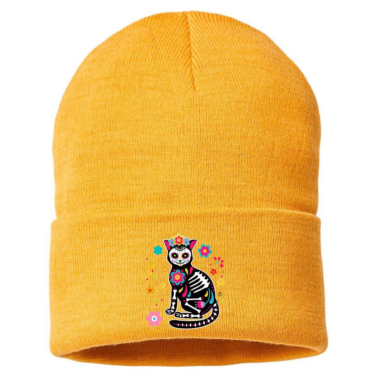 Dia De Los Muertos Cat Mexican Sugar Skull Day Of Dead Sustainable Knit Beanie