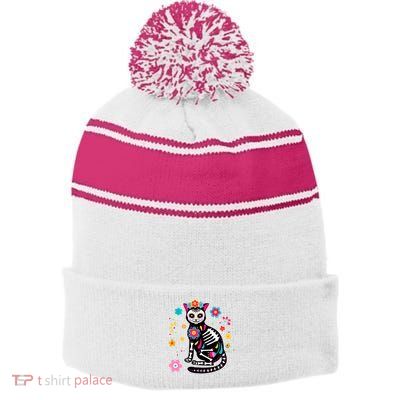 Dia De Los Muertos Cat Mexican Sugar Skull Day Of Dead Stripe Pom Pom Beanie