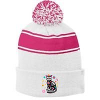 Dia De Los Muertos Cat Mexican Sugar Skull Day Of Dead Stripe Pom Pom Beanie