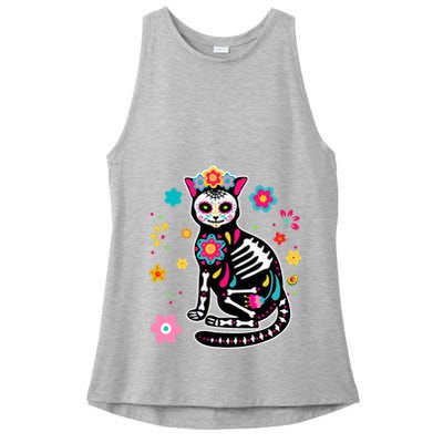 Dia De Los Muertos Cat Mexican Sugar Skull Day Of Dead Ladies PosiCharge Tri-Blend Wicking Tank
