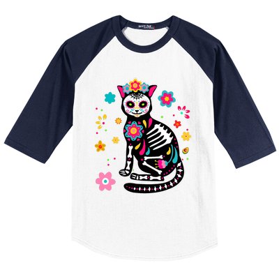 Dia De Los Muertos Cat Mexican Sugar Skull Day Of Dead Baseball Sleeve Shirt