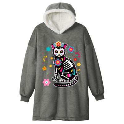 Dia De Los Muertos Cat Mexican Sugar Skull Day Of Dead Hooded Wearable Blanket