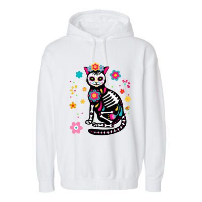 Dia De Los Muertos Cat Mexican Sugar Skull Day Of Dead Garment-Dyed Fleece Hoodie