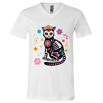 Dia De Los Muertos Cat Mexican Sugar Skull Day Of Dead V-Neck T-Shirt