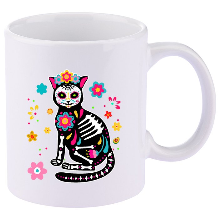 Dia De Los Muertos Cat Mexican Sugar Skull Day Of Dead 11oz C Handle Ceramic Mug