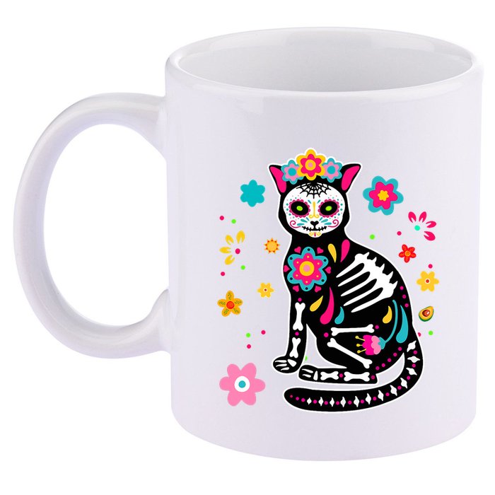 Dia De Los Muertos Cat Mexican Sugar Skull Day Of Dead 11oz C Handle Ceramic Mug