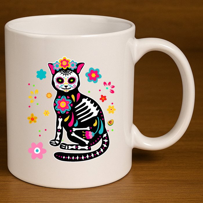 Dia De Los Muertos Cat Mexican Sugar Skull Day Of Dead 11oz C Handle Ceramic Mug