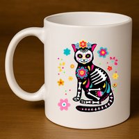 Dia De Los Muertos Cat Mexican Sugar Skull Day Of Dead 11oz C Handle Ceramic Mug