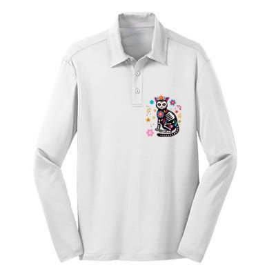 Dia De Los Muertos Cat Mexican Sugar Skull Day Of Dead Silk Touch Performance Long Sleeve Polo