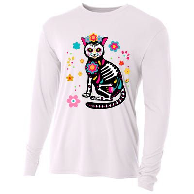 Dia De Los Muertos Cat Mexican Sugar Skull Day Of Dead Cooling Performance Long Sleeve Crew