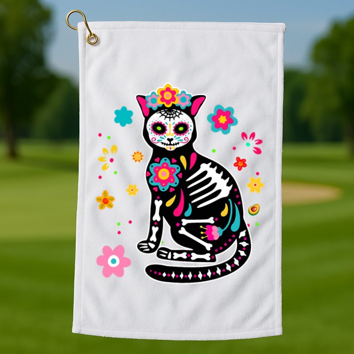 Dia De Los Muertos Cat Mexican Sugar Skull Day Of Dead Golf Towel