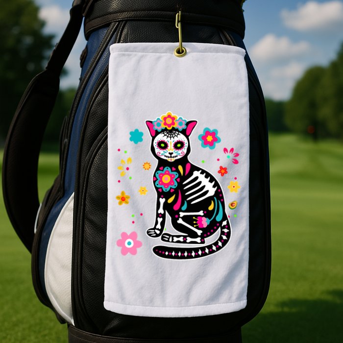 Dia De Los Muertos Cat Mexican Sugar Skull Day Of Dead Golf Towel