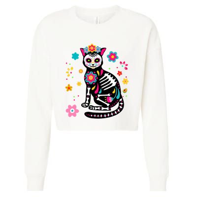 Dia De Los Muertos Cat Mexican Sugar Skull Day Of Dead Cropped Pullover Crew