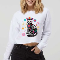 Dia De Los Muertos Cat Mexican Sugar Skull Day Of Dead Cropped Pullover Crew