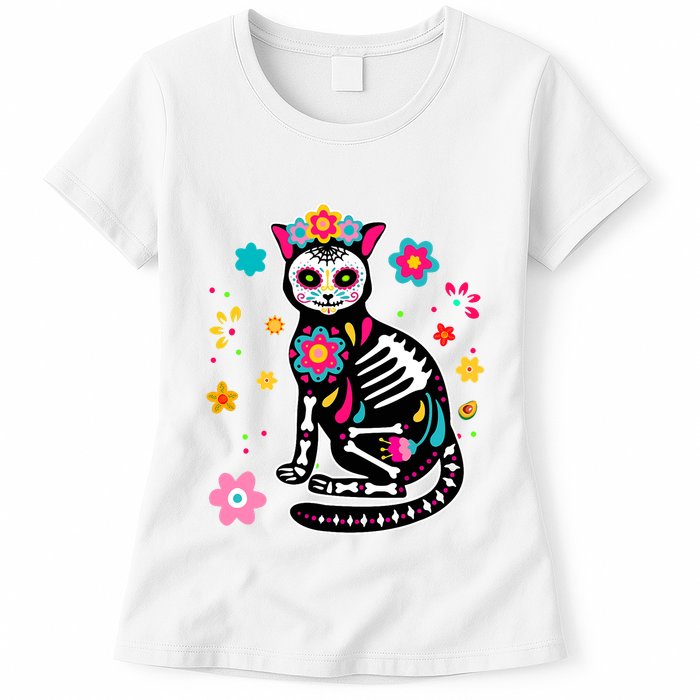 Dia De Los Muertos Cat Mexican Sugar Skull Day Of Dead Womens T-Shirt