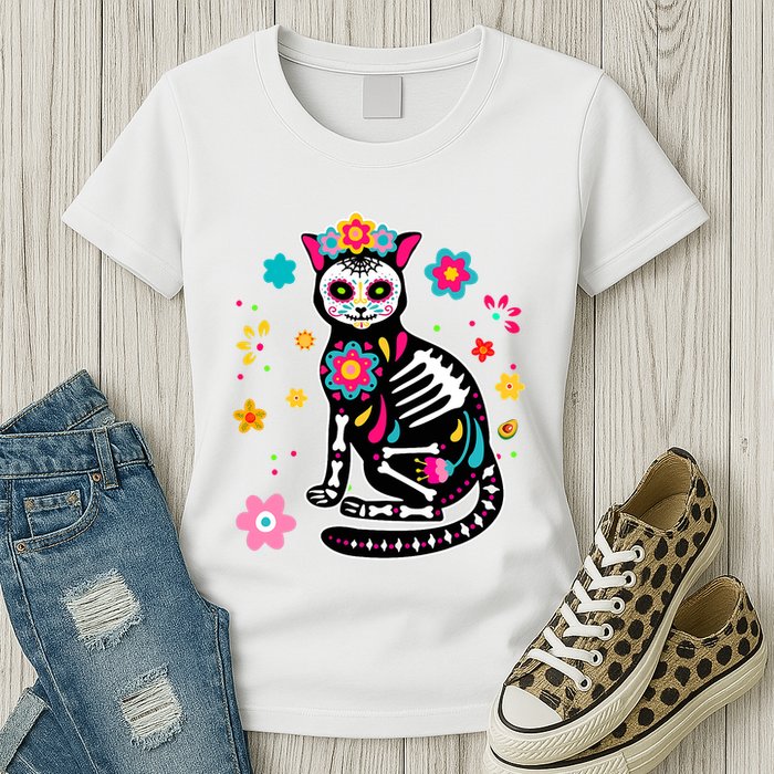 Dia De Los Muertos Cat Mexican Sugar Skull Day Of Dead Womens T-Shirt