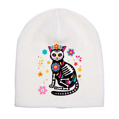 Dia De Los Muertos Cat Mexican Sugar Skull Day Of Dead Short Acrylic Beanie
