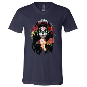 DíA De Los Muertos La Catrina Day Of The Dead Sugar Skull V-Neck T-Shirt