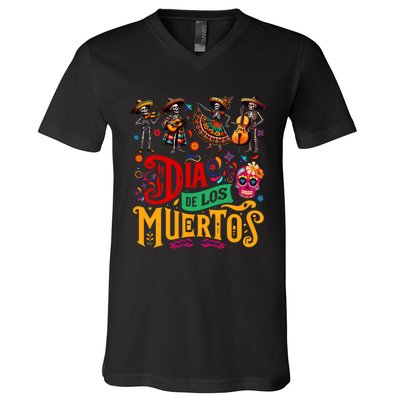 Dia De Los Muertos Mexican Skeletons Instrumentalist Dancing V-Neck T-Shirt