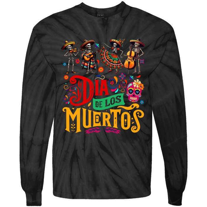 Dia De Los Muertos Mexican Skeletons Instrumentalist Dancing Tie-Dye Long Sleeve Shirt