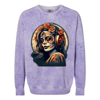 Dia De Los Muertos Calavera Retro Bomber Pinup Sugar Skull Colorblast Crewneck Sweatshirt