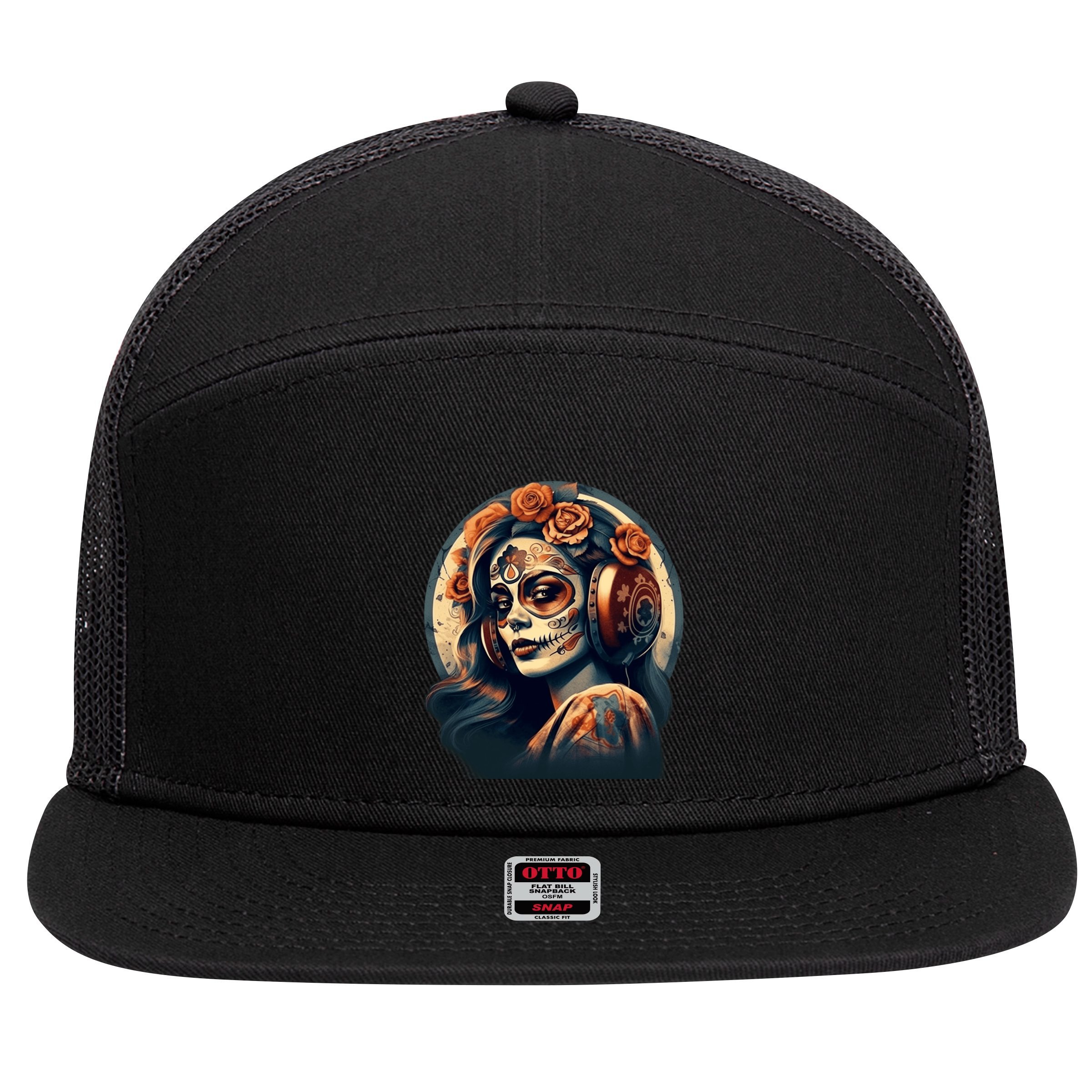 Dia De Los Muertos Calavera Retro Bomber Pinup Sugar Skull 7 Panel Mesh Trucker Snapback Hat