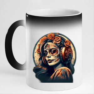 Dia De Los Muertos Calavera Retro Bomber Pinup Sugar Skull 11oz Black Color Changing Mug