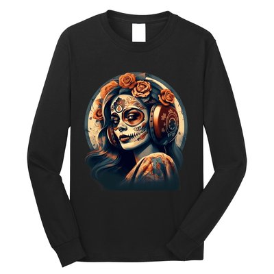 Dia De Los Muertos Calavera Retro Bomber Pinup Sugar Skull Long Sleeve Shirt