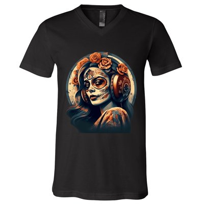 Dia De Los Muertos Calavera Retro Bomber Pinup Sugar Skull V-Neck T-Shirt