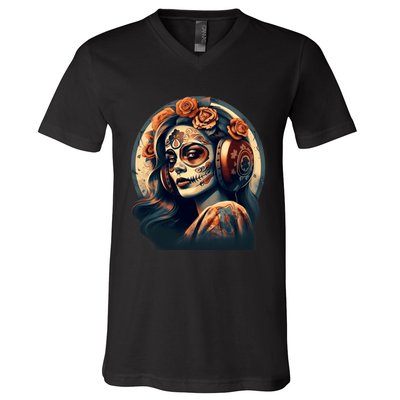 Dia De Los Muertos Calavera Retro Bomber Pinup Sugar Skull V-Neck T-Shirt