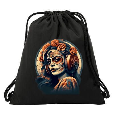 Dia De Los Muertos Calavera Retro Bomber Pinup Sugar Skull Drawstring Bag