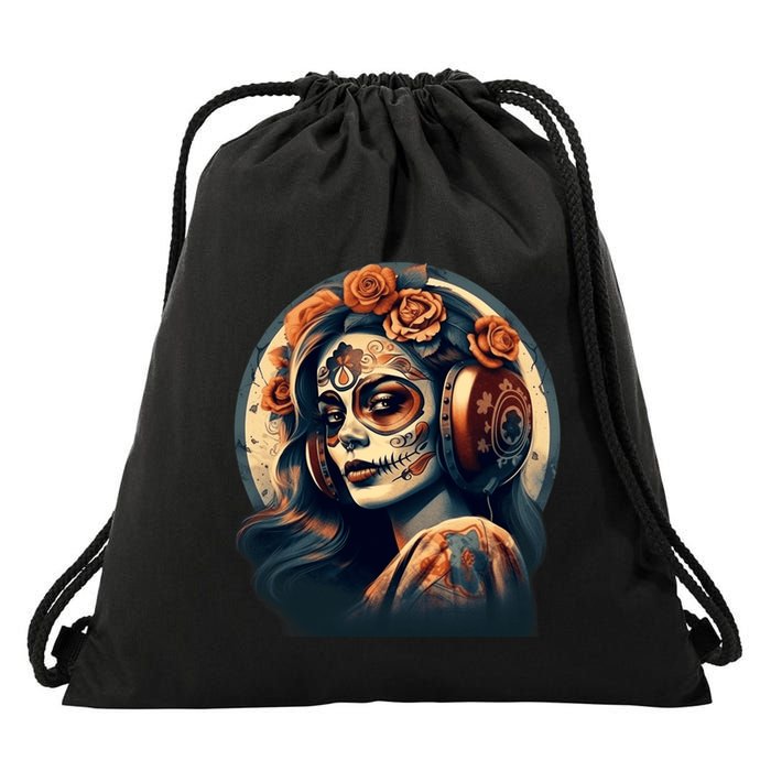 Dia De Los Muertos Calavera Retro Bomber Pinup Sugar Skull Drawstring Bag