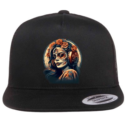 Dia De Los Muertos Calavera Retro Bomber Pinup Sugar Skull Flat Bill Trucker Hat