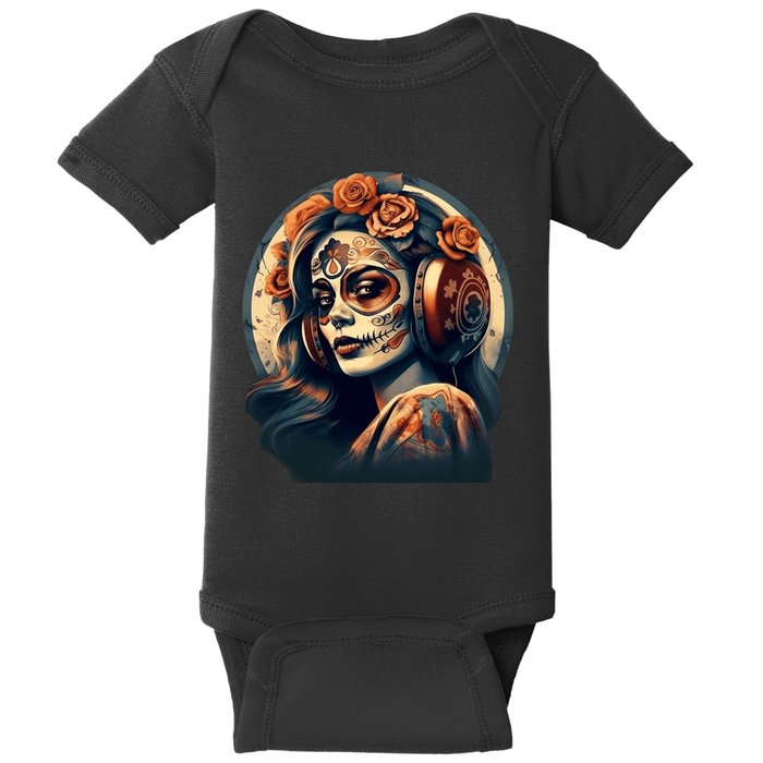 Dia De Los Muertos Calavera Retro Bomber Pinup Sugar Skull Baby Bodysuit