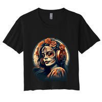 Dia De Los Muertos Calavera Retro Bomber Pinup Sugar Skull Women's Crop Top Tee