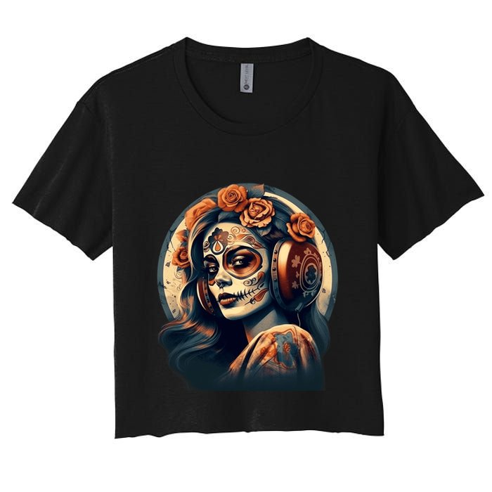 Dia De Los Muertos Calavera Retro Bomber Pinup Sugar Skull Women's Crop Top Tee