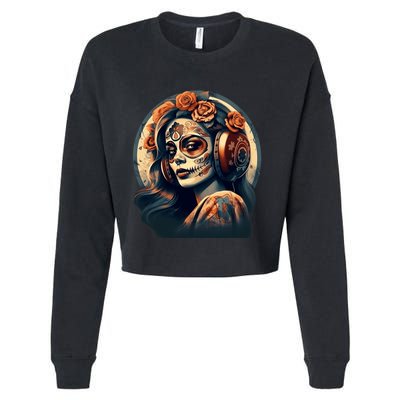 Dia De Los Muertos Calavera Retro Bomber Pinup Sugar Skull Cropped Pullover Crew