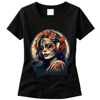 Dia De Los Muertos Calavera Retro Bomber Pinup Sugar Skull Womens T-Shirt